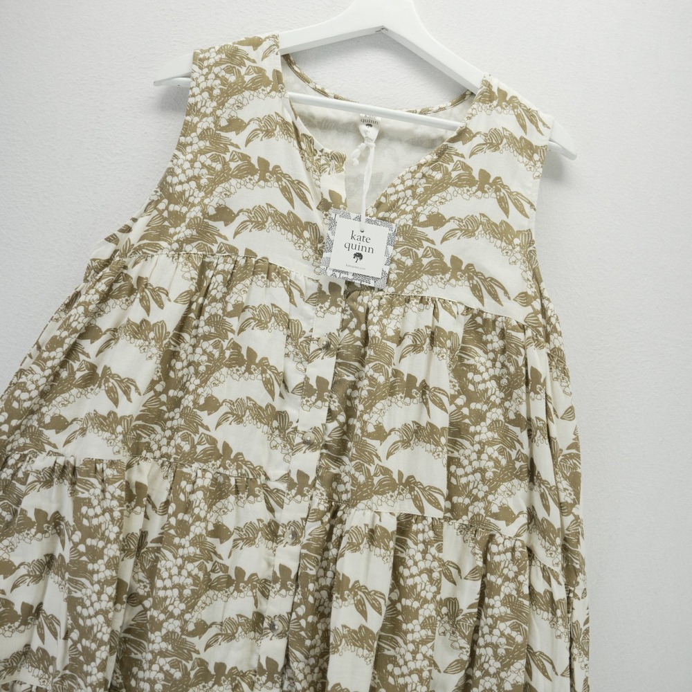 Kate Quinn Fennel Lily Organic Cotton Tiered Dress Olive Cream Womens M NWT